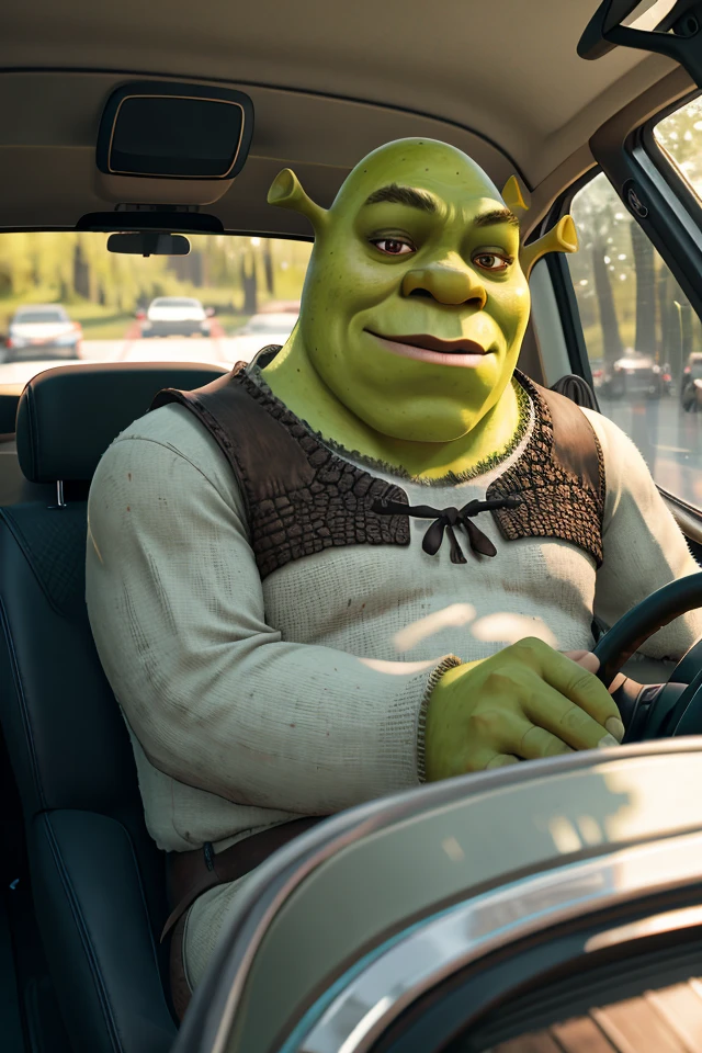 portrait picture of (shrex:1.1) <lora:ShrekDoguVersion2:0.9> (driving in a car:1.2), 8k uhd, dslr, high quality, film grain, Fujifilm XT3