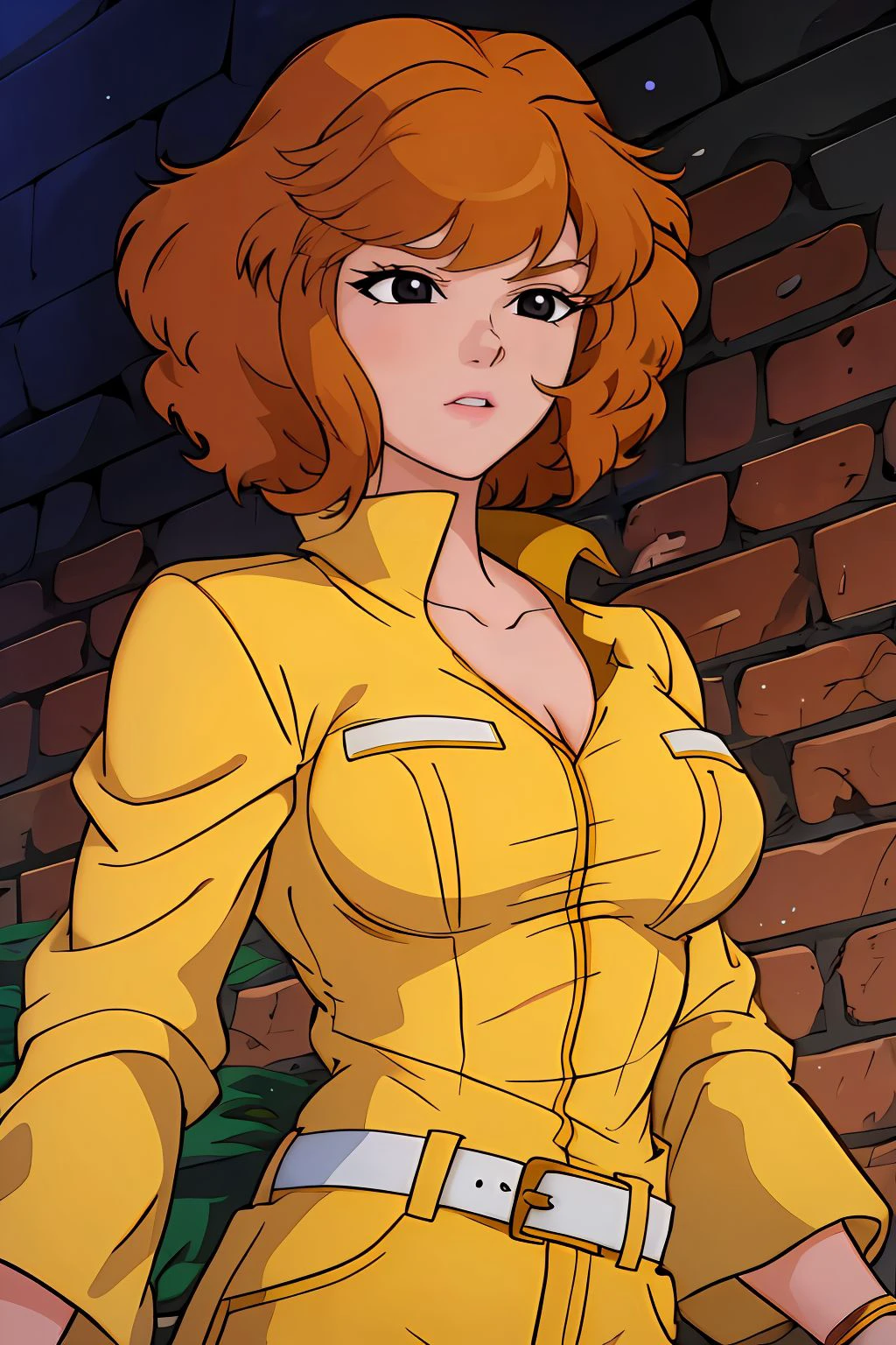 absurdres, april o'neil, 1girl, short brown hair, black eyes, upper body, yellow jumpsuit, sleeves rolled up, white belt <lora:April O'Neil_v1:1>