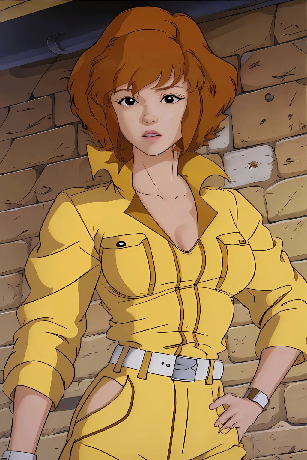 absurdres, april o'neil, 1girl, short brown hair, black eyes, upper body, yellow jumpsuit, sleeves rolled up, white belt <lora:April O'Neil_v1:1>