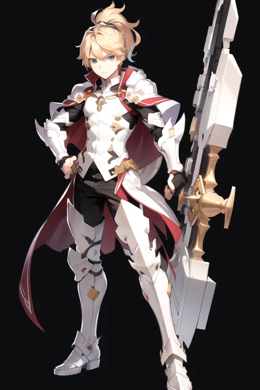 <lora:ChungSeiker-06:0.4> ,chungs, 1boy, solo, long hair, looking at viewer, blue eyes, blonde hair, simple background, 1boy, holding, standing, full body, ponytail, weapon, boots, cape, holding weapon, armor, hand on hip, black background, shoulder armor, gauntlets, armored boots, greaves, huge weapon, hammer