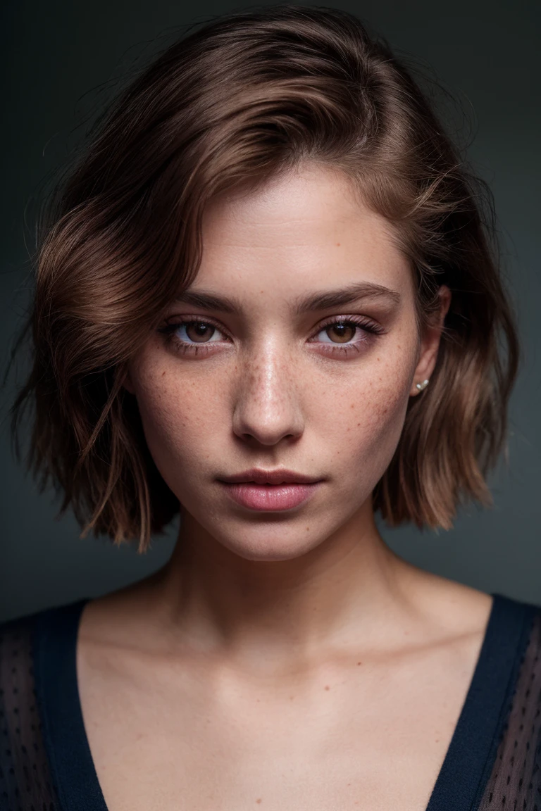 a photo of a seductive woman with loose styled redhead hair, bored, she is wearing Bandeau Top and Wide-leg jumpsuit, , mascara, (textured skin, skin pores:1.2), (moles:0.8), (imperfect skin:1.1), intricate details, goosebumps, flawless face, (light freckles:0.9), ((photorealistic):1.1), (raw, 8k:1.2), dark, muted colors, slate atmosphere, RAW candid cinema, 16mm, color graded portra 400 film, remarkable color, ultra realistic, textured skin, remarkable detailed pupils, realistic dull skin noise, visible skin detail, skin fuzz, dry skin, shot with cinematic camera, detailed skin texture, (blush:0.5), (goosebumps:0.5), subsurface scattering