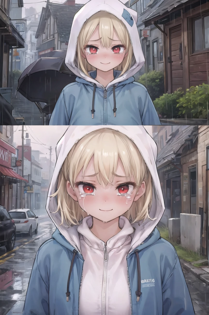 girl, blonde hair, red eyes, rain, looking down, smile, (tears:1.2), blue raincoat, hood up, town, realistic