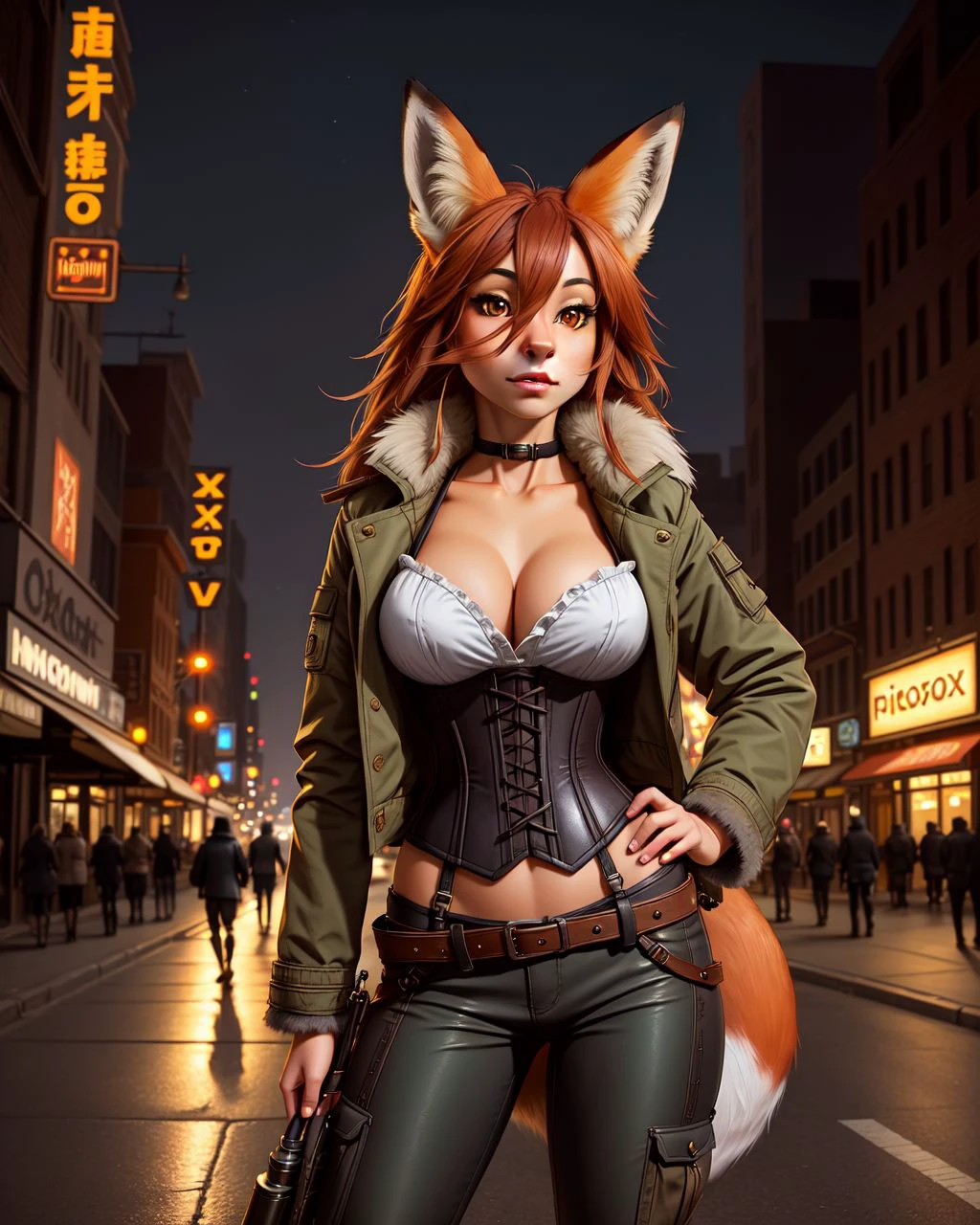 photo RAW, portrait, female (anthro, mammal, fox:1.4), horizontal pupils, fully clothed, bottomwear, topwear, pants, jacket, (adventurer), hand on hip, fur, fluffy, tuft, chest tuft, long hair, neck tuft, inner ear fluff, digitigrade, standing, front view, looking at viewer, (detailed background),city streets at night, upper body shot, large breasts, dieselpunk outfit, corset, <lora:XenoDetailer:0.25> , masterpiece, award winning photography, lighting, perfect composition, high detail, hyper realistic,dramatic lighting, epic