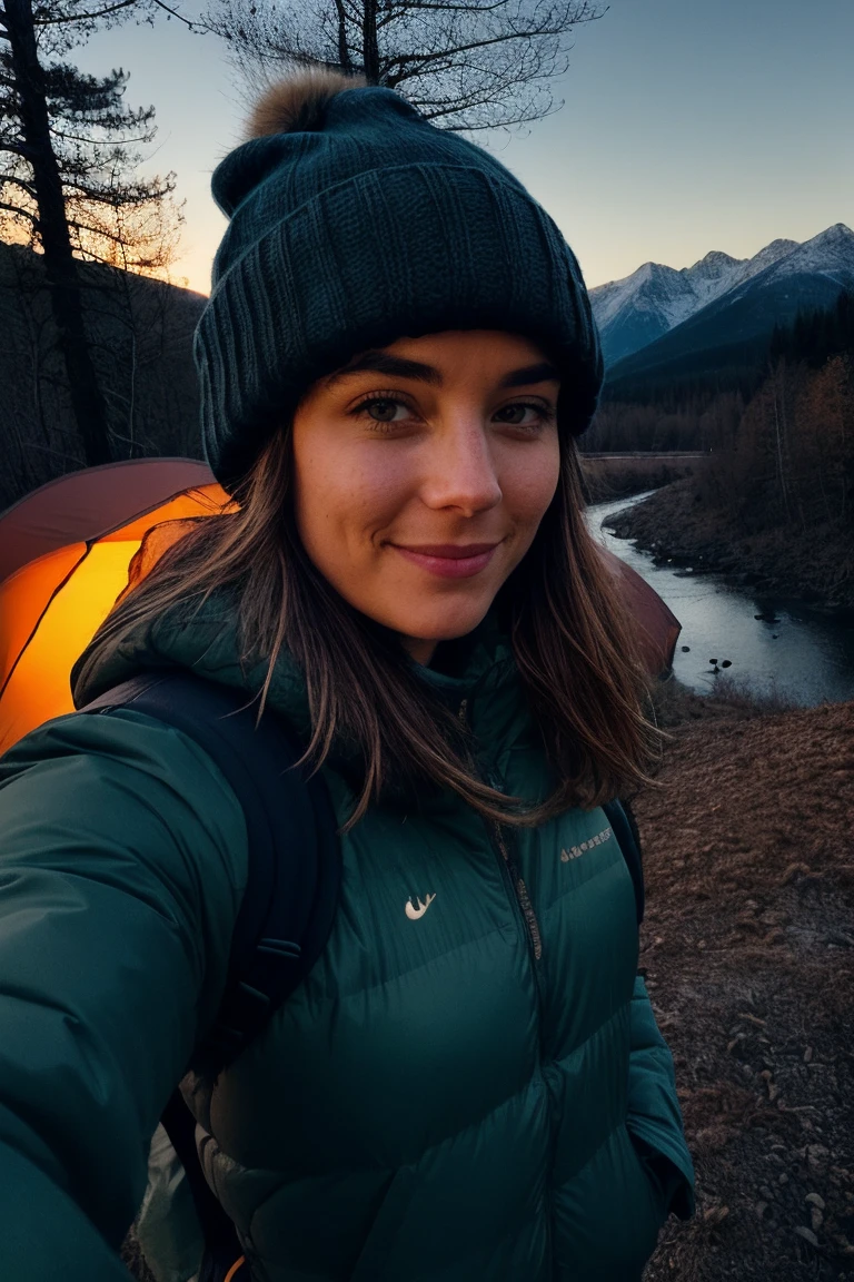 1 woman ((upper body selfie, happy)), masterpiece, best quality, ultra-detailed, solo, outdoors, (night), mountains, nature, (stars, moon) cheerful, happy, backpack, sleeping bag, camping stove, water bottle, mountain boots, gloves, sweater, hat, flashlight, forest, rocks, river, wood, smoke, shadows, contrast, clear sky, analog style (look at viewer:1.2) (skin texture) (film grain:1.3), (warm hue, warm tone:1.2), close up, cinematic light, sidelighting, ultra high res, best shadow, RAW, upper body, wearing pullover