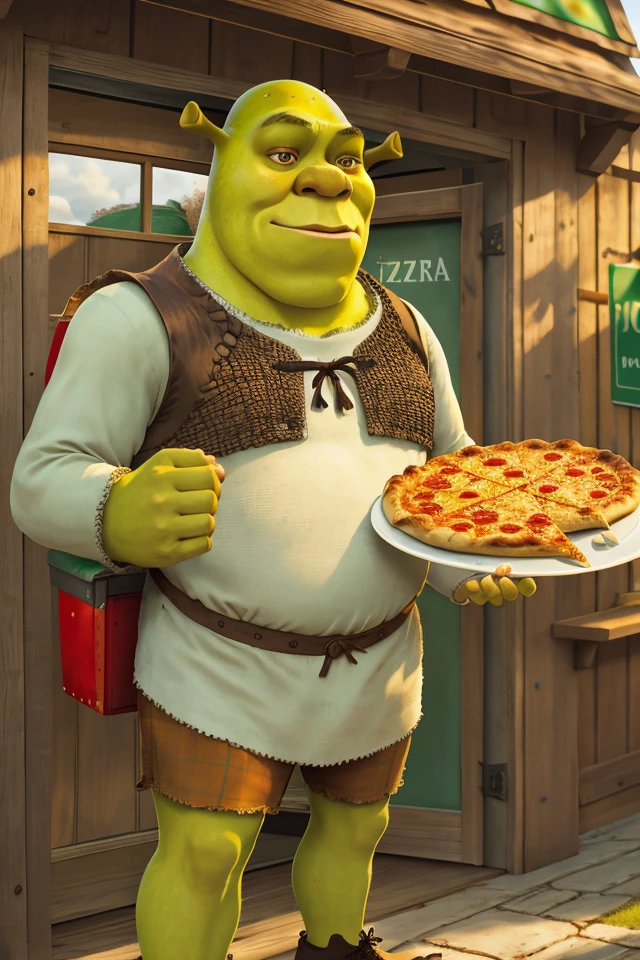 portrait picture of (shrex:1.1) <lora:ShrekDoguVersion2:1> as a (pizza delivery man:1.2), 8k uhd, dslr, high quality, film grain, Fujifilm XT3