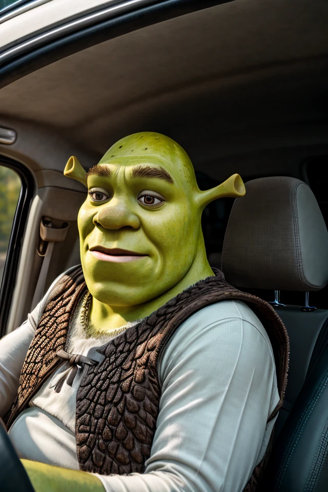 portrait picture of (shrex:1.1) <lora:ShrekDoguVersion2:0.9> (driving in a car:1.2), 8k uhd, dslr, high quality, film grain, Fujifilm XT3