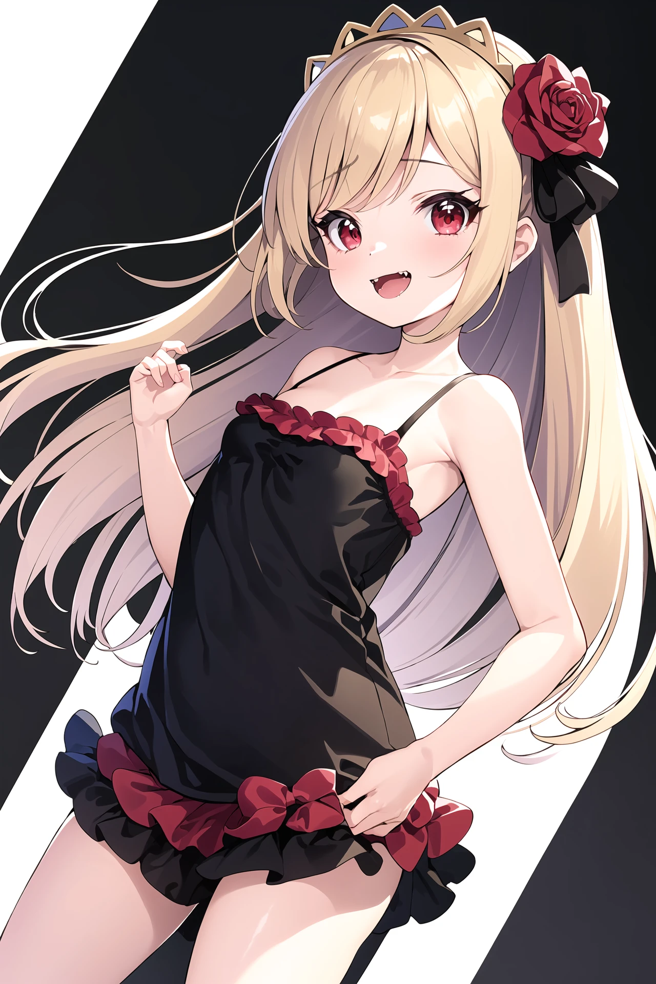 1girl, best quality, ecute, standing, red eyes, fangs, long blonde hair, masterpiece, camisole, frills, rose, hair flower, ribbon