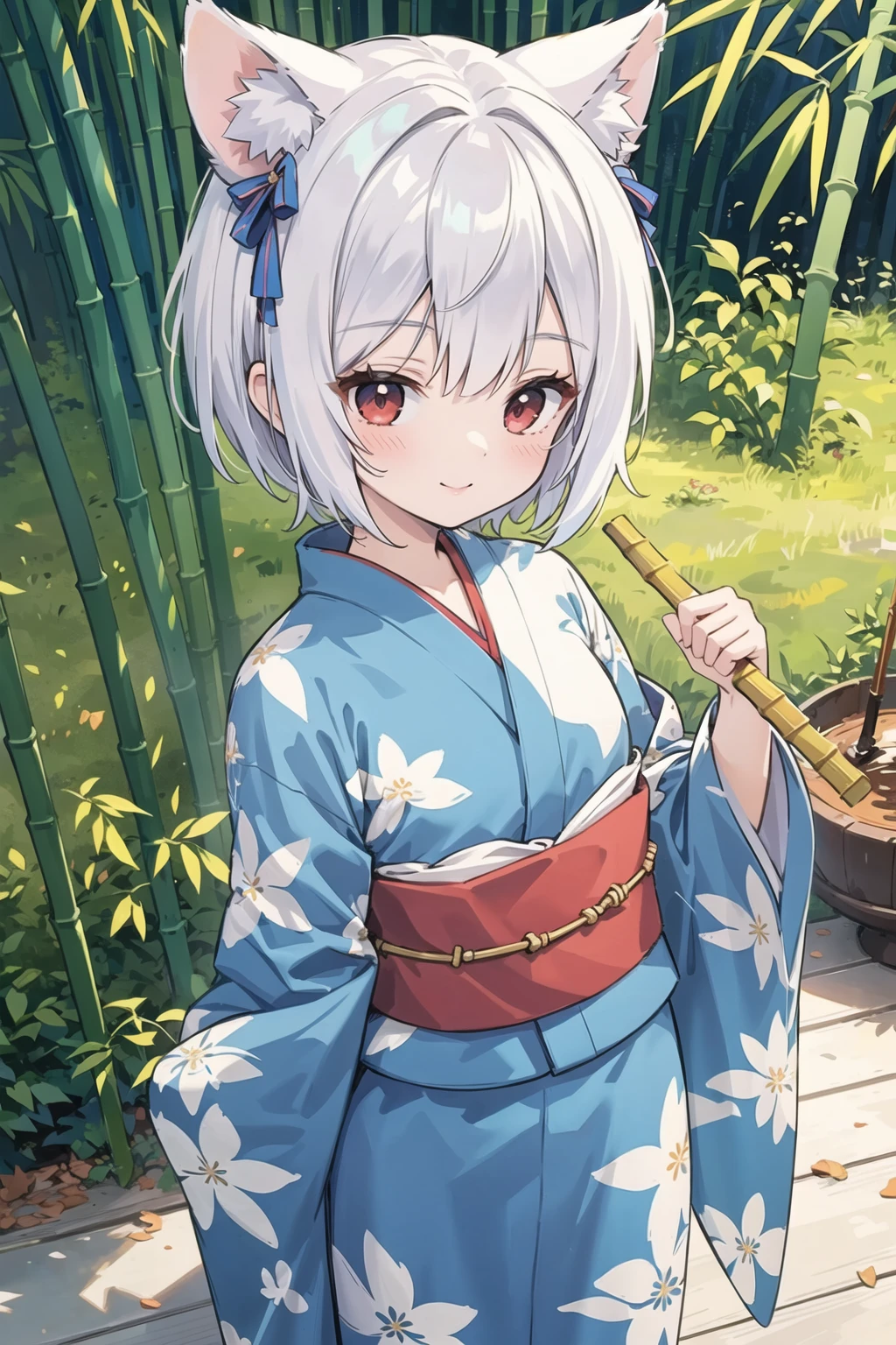 masterpiece, extremely detailed CG unity 8k wallpaper, an extremely cute and beautiful girl, (finely detailed beautiful eyes and detailed face), BREAK,
1girl, solo, cute, smile, multicolored hair, very short hair, animal ears, wolf ears, red eyes, cowboy shot, (detailed yukata), BREAK,
Tanabata Festival, the Star Festival,
(many colorful strips of paper hung on bamboo:1.4),