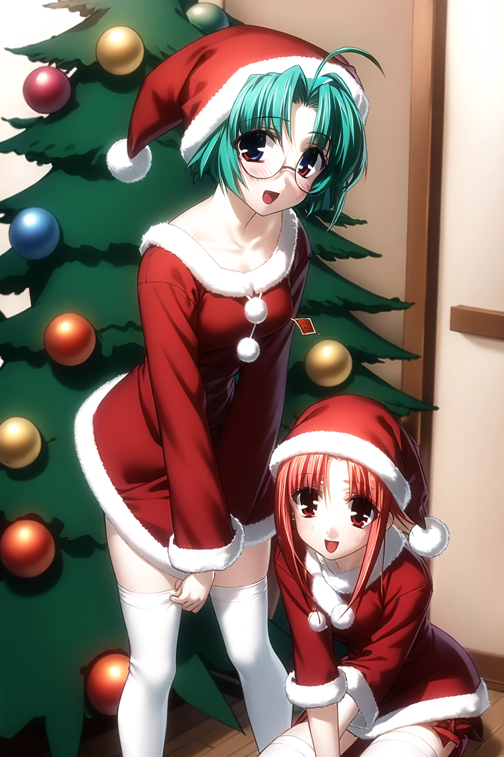 ((masterpiece, high quality, best quality)),
christmas, christmas tree, santa hat, 2girls, black thighhighs, santa costume, cake, blush, glasses, zettai ryouiki, red hair, blue eyes, open mouth, short hair, long sleeves, smile, bell, dutch angle, looking at viewer, fur trim, aqua hair, green hair, pastry, holding, christmas ornaments, red eyes, indoors, ahoge, pom pom (clothes), hairband, ribbon, leaning forward, party popper, blurry, strawberry,
<lora:yuuki-style_v1.0:1.0>