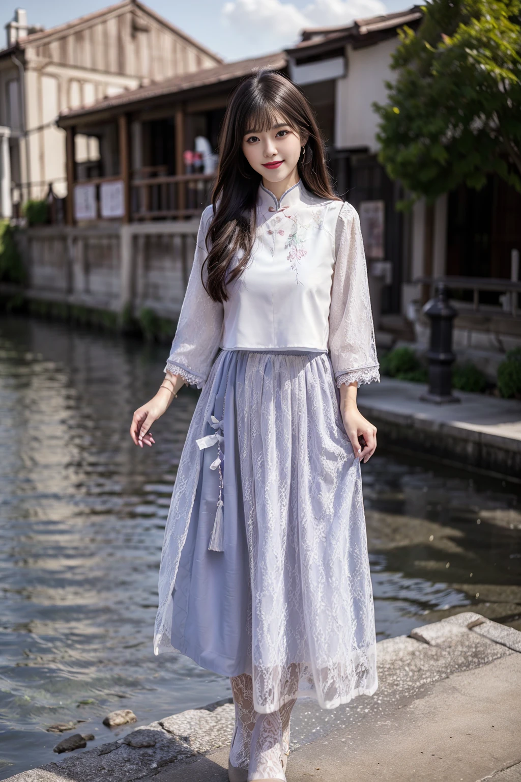 realistic, photorealistic, masterpiece, best quality, cns_dress, 1girl, solo, smile, long black hair, looking at viewer, cute, standing by a river, full body, detailed background, ancient chinese water town, blue sky, cloud, <lora:chinaDollLikeness_v10:0.7>, <lora:cns_dress_style1_v3:0.7>