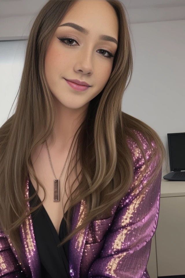 headshot, 1girl, beautiful, sitting at a desk, at a ((office)), BREAK
sequin suit coat, elegant blouse, slacks, BREAK
small breasts, makeup, long straight hair, pale skin, fair skin, white skin, BREAK
<lora:MYM:1>