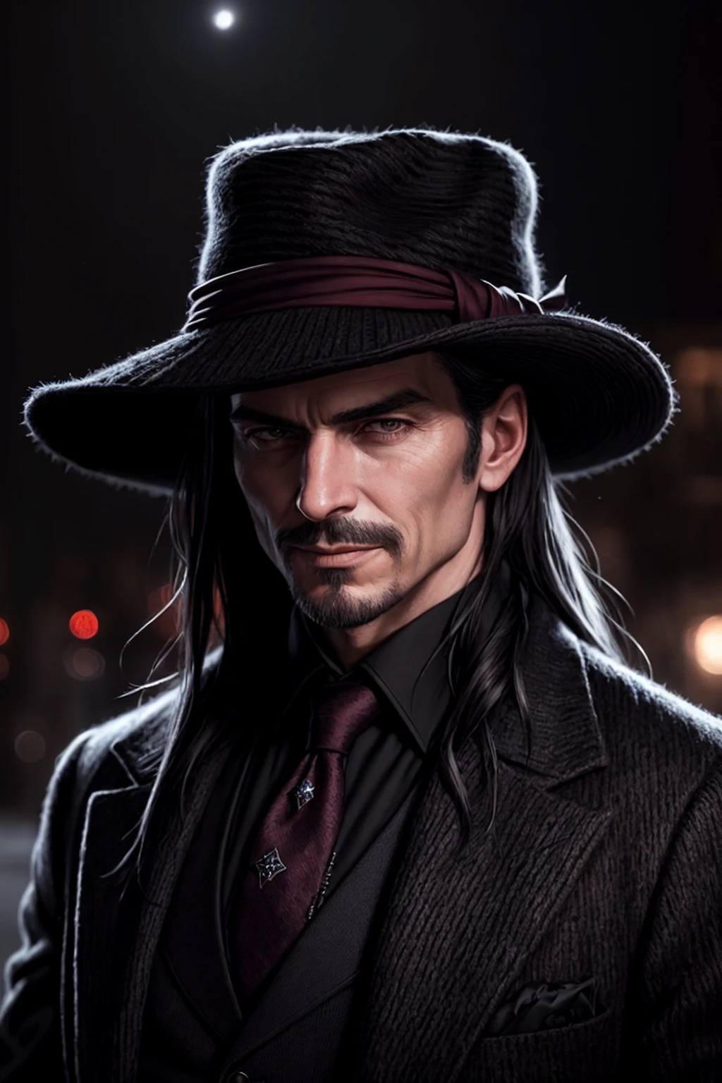 style of [Steve Henderson|Fabian Perez|Henry Asencio], (black woolen hat:1.2), detailed cloth texture, thick, (ultrarealistic:1.3), highly detailed, matte painting, cinematic perfect light, sinister smirk, scifi spacescape, evening, surreal image, backlit, maroon tie