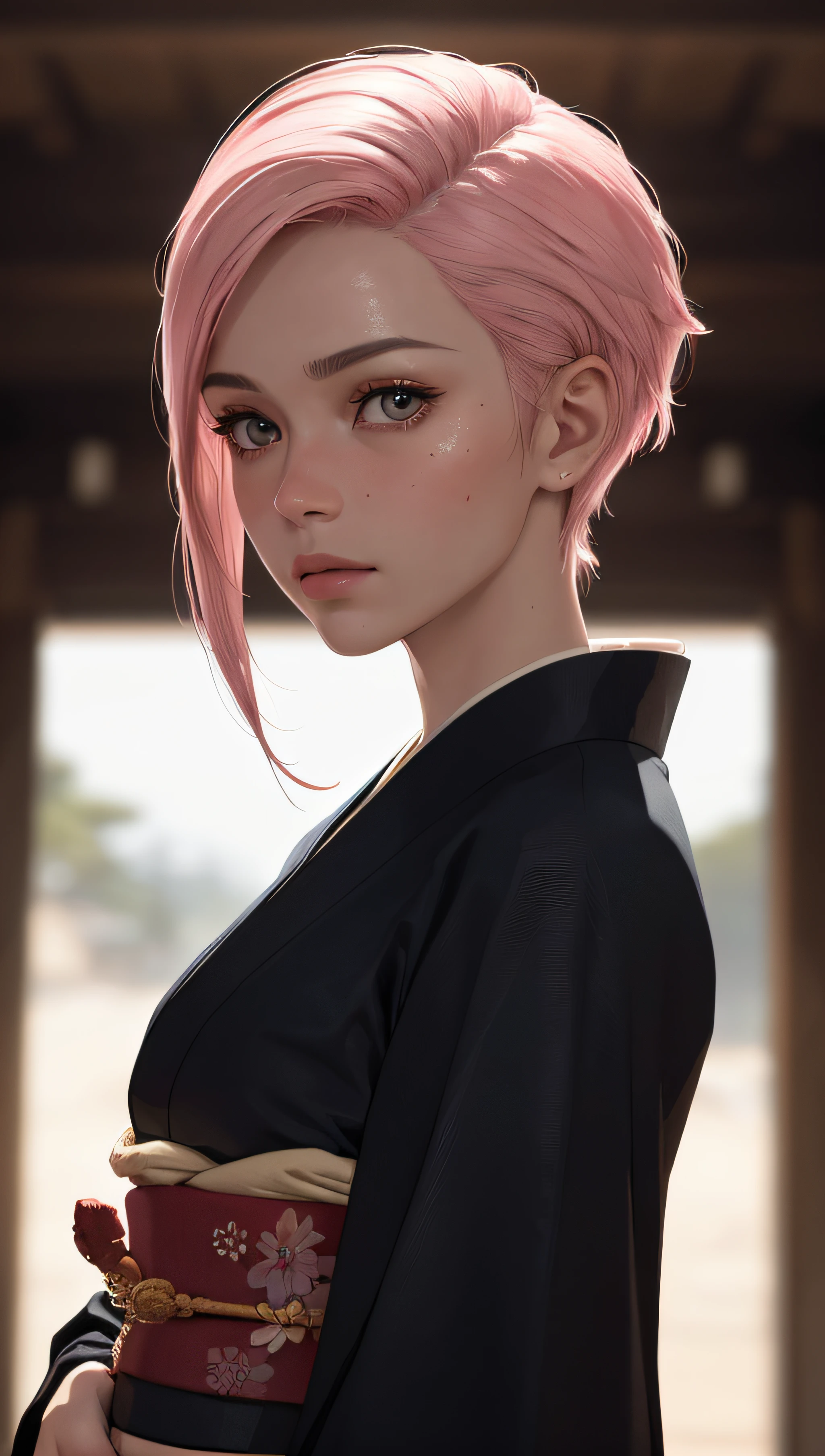 (best quality, masterpiece, perfect face, detailed simmetric eyes),  pink hair, 18 years old european girl, flirting with POV, in traditional japanese gold&black kimono, ultra detailed kimono textures, high contrast, (natural skin texture, hyperrealism, soft light, sharp), night, kyoto, fireworks (hi-top fade:1.3), dark theme, soothing tones, muted colors, high contrast, (natural skin texture, hyperrealism, soft light, sharp), HDR,  dramatic lights,