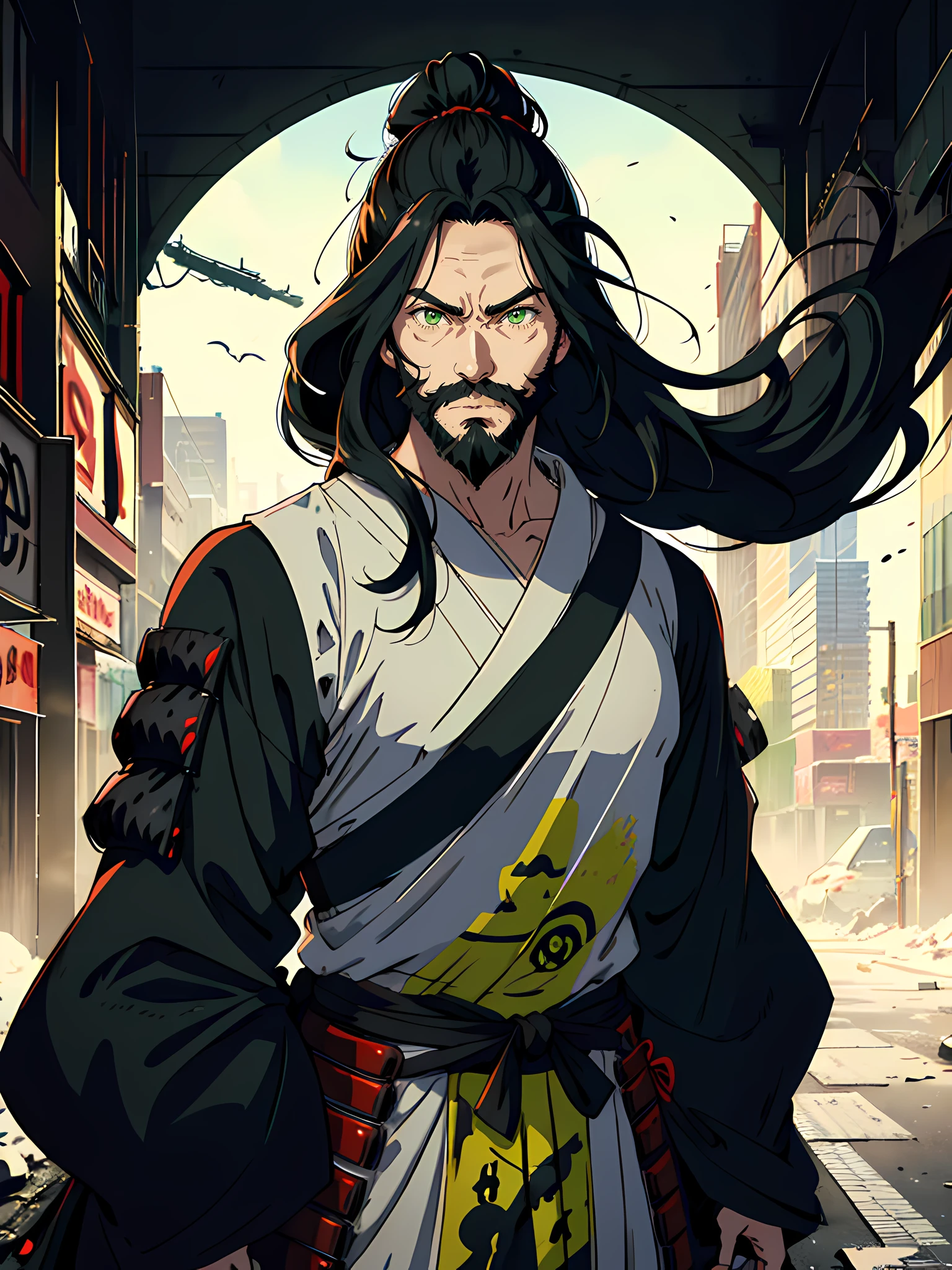 portrait of anime man with long black hair and beard, green eyes, wearing samurai armor, in post apocalyptic New York City Street, high resolution, illustration