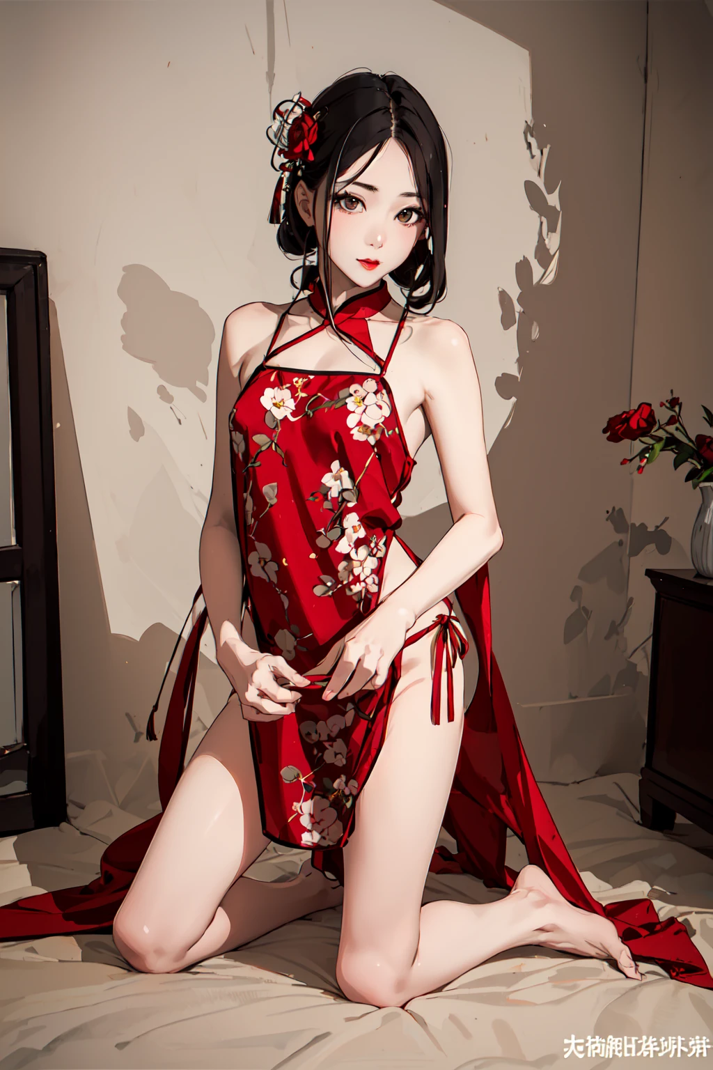 chinese underwear,underwear,1girl, solo, flower, kneeling, black hair, panties, hair ornament, brown eyes, apron, lips, looking at viewer, 
detailed eyes, Perfect features, (masterpeace, best quality, good quality:1.4), masterpeace, intricate details,