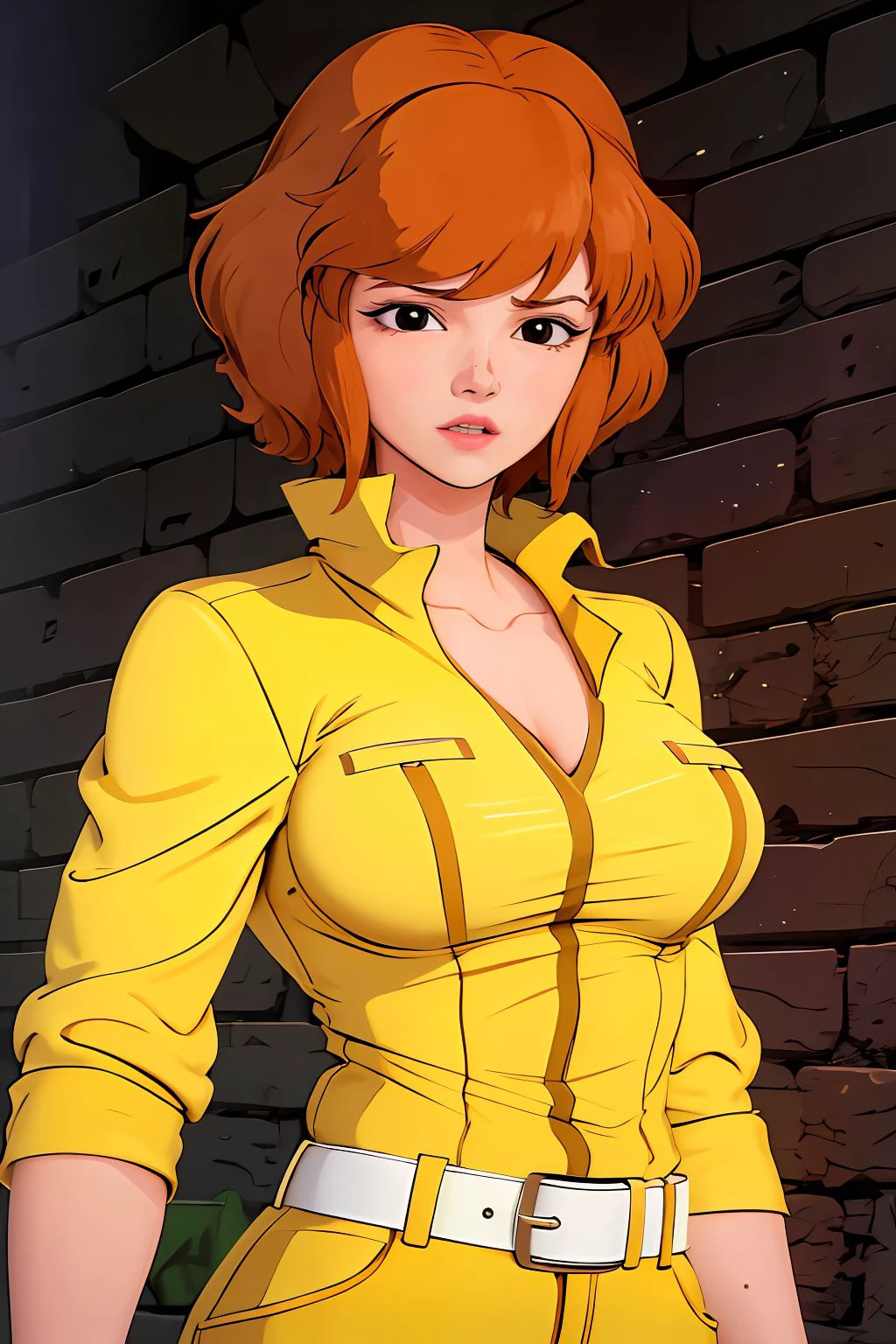 absurdres, april o'neil, 1girl, short brown hair, black eyes, upper body, yellow jumpsuit, sleeves rolled up, white belt <lora:April O'Neil_v1:1>