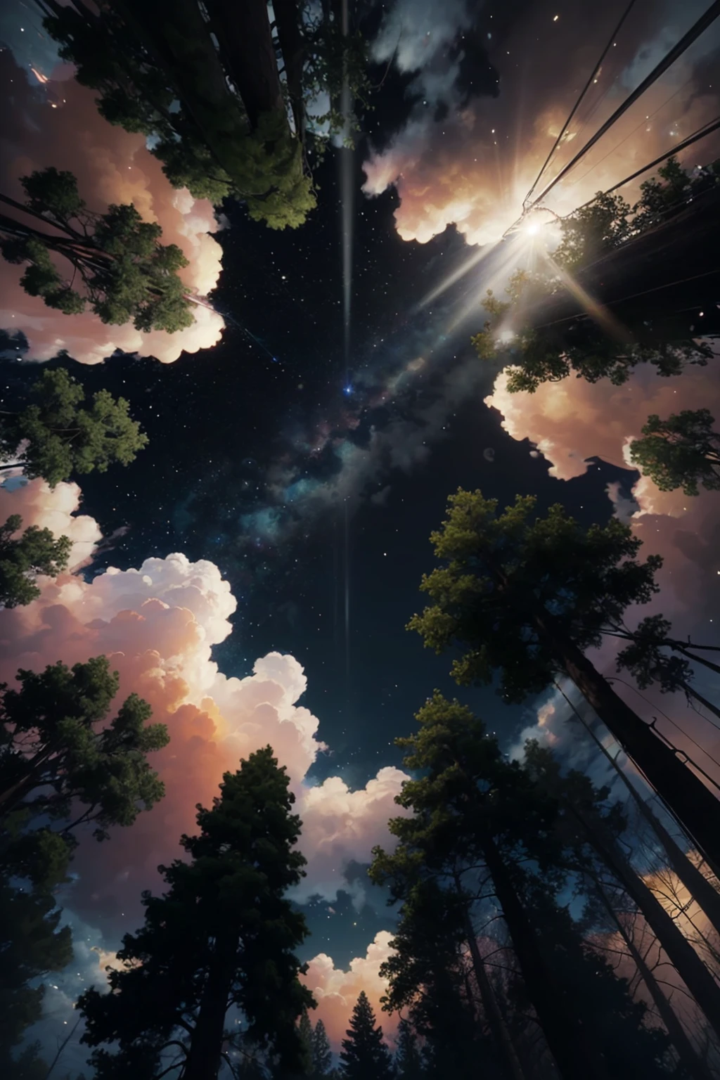 (masterpiece:1.3),(best quality:1.2),8k,absurdres,unity 8k wallpapper,(extremely detailed:1.3),highestres,realistic,
,from below,<lora:low_angle_scenery-10:0.7>,sky,cloud,dim light,light rays,low_angle_scenery, ,night,night sky,moon,forest,<lora:lowRA:0.5> ,tree,leaf
