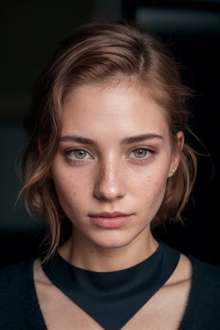 ((Full-Body Shot)),a photo of a seductive woman with loose styled redhead hair, bored, she is wearing Bandeau Top and Dress pants, , mascara, (textured skin, skin pores:1.2), (moles:0.8), (imperfect skin:1.1), intricate details, goosebumps, flawless face, (light freckles:0.9), ((photorealistic):1.1), (raw, 8k:1.2), dark, muted colors, slate atmosphere, RAW candid cinema, 16mm, color graded portra 400 film, remarkable color, ultra realistic, textured skin, remarkable detailed pupils, realistic dull skin noise, visible skin detail, skin fuzz, dry skin, shot with cinematic camera, detailed skin texture, (blush:0.5), (goosebumps:0.5), subsurface scattering