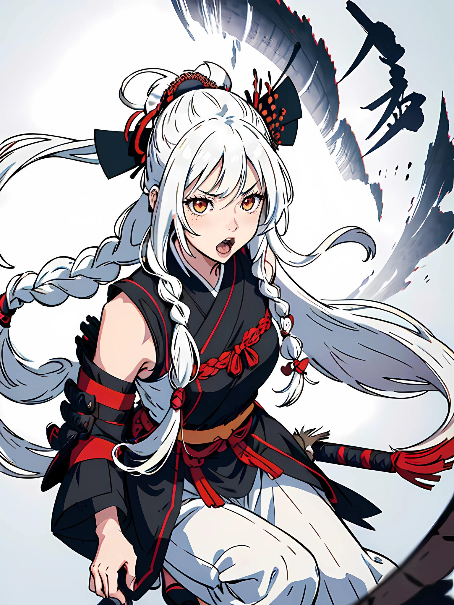 portrait of anime woman with long white hair in braids, yelling, wearing samurai armor, high resolution, illustration