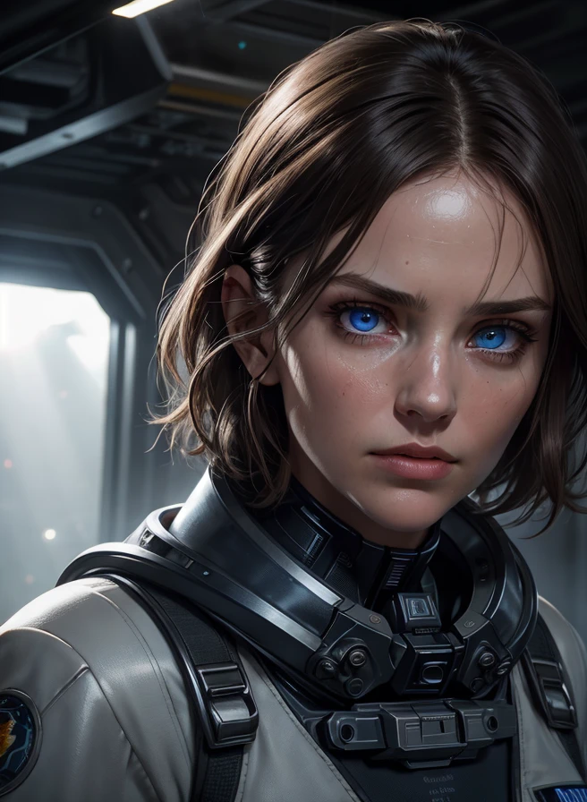 Hyper-realistic, dramatic, and cinematic portrait of a (determined) woman, with (short, tousled brunette) hair, detailed (intense, steel blue) eyes, and a detailed, resolute face, (capturing the essence of her courage and resolve in the face of danger), reminiscent of a still from the classic movie "Alien," showcasing intricate skin texture, (sweat glistening on her forehead and a clenched jaw), and strong features, (including the sharp contour of her cheekbones and the furrowed brow), (wearing a utilitarian, worn space suit with an atmospheric, dimly lit spaceship interior in the background), realistic, hyper realistic, highly detailed, depth of field, Detailed and Intricate, Photo, HD, Cinematic, Dynamic Lighting, (bokeh), ((captivating)), lens flare, (god rays:1.1), (cinema effect) , ((detailed face and eyes)), <lora:epiNoiseoffset_v2:0.66>