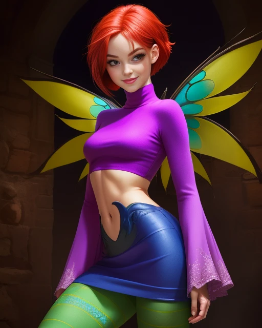 Will, short red hair, brown, solo, standing, smiling, cowboyshot
Vandom,midriff ,wide sleeves, green-blue striped pantyhose, purple turtleneck, purple boots, navel, miniskirt,
fairy wings,
(insanely detailed, beautiful detailed face, masterpiece, best quality) cinematic lighting, <lora:WillVandom:0.7>
