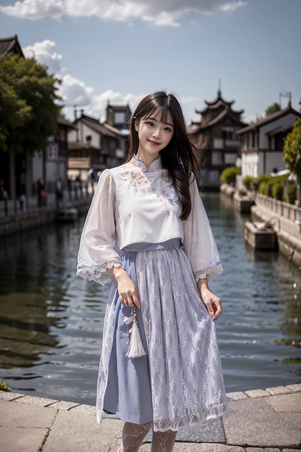 realistic, photorealistic, masterpiece, best quality, cns_dress, 1girl, solo, smile, long black hair, looking at viewer, cute, standing by a river, full body, detailed background, ancient chinese water town, blue sky, cloud, <lora:chinaDollLikeness_v10:0.7>, <lora:cns_dress_style1_v3:0.7>