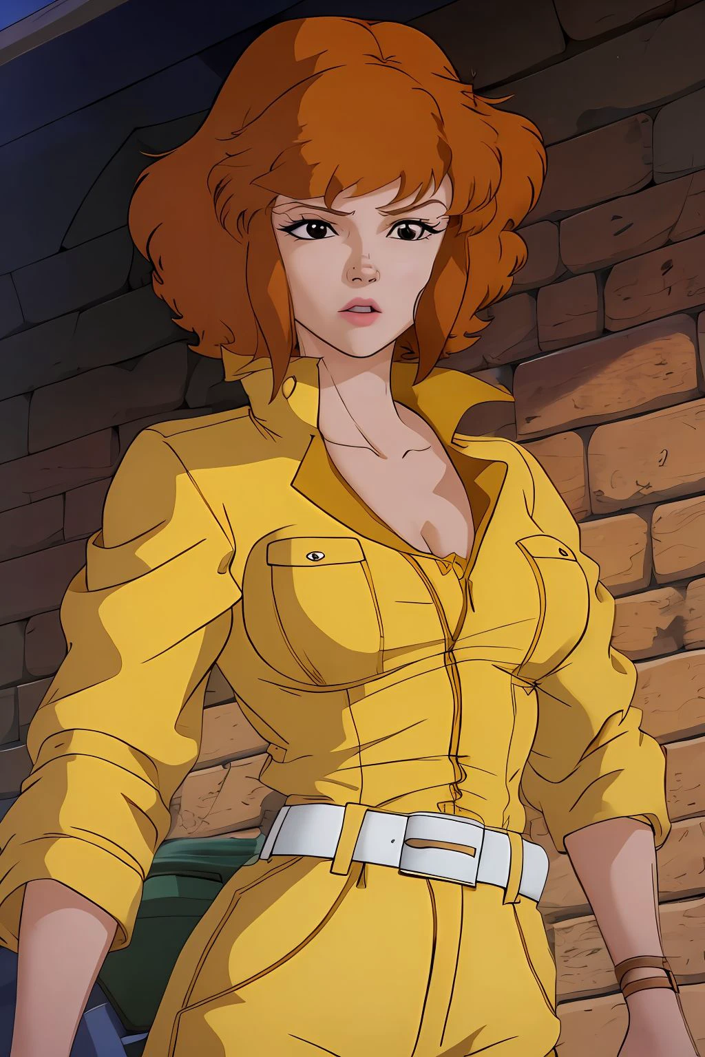 absurdres, april o'neil, 1girl, short brown hair, black eyes, upper body, yellow jumpsuit, sleeves rolled up, white belt <lora:April O'Neil_v1:1>