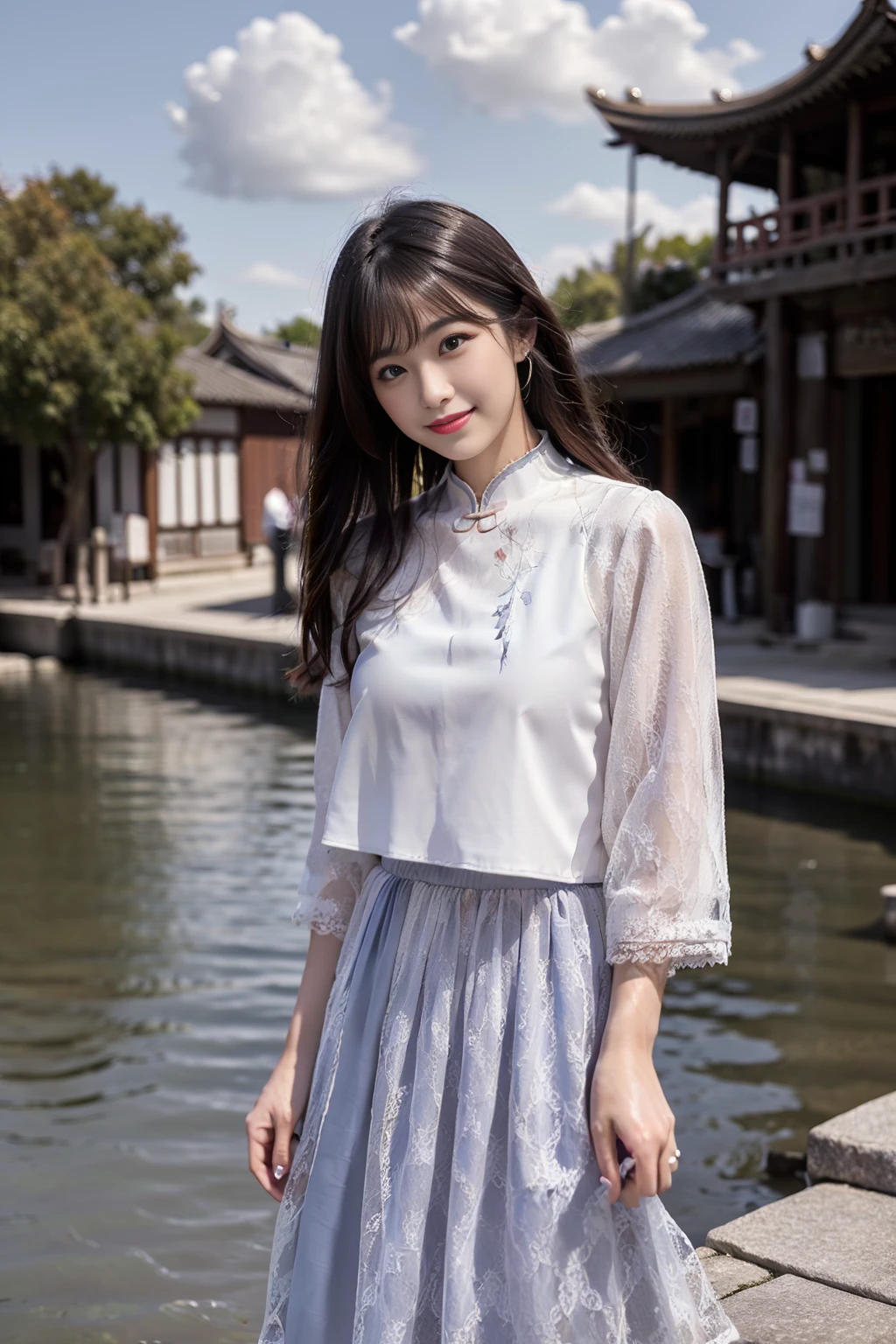realistic, photorealistic, masterpiece, best quality, cns_dress, 1girl, solo, smile, long black hair, looking at viewer, cute, standing by a river, full body, detailed background, ancient chinese water town, blue sky, cloud, <lora:chinaDollLikeness_v10:0.7>, <lora:cns_dress_style1_v3:0.7>