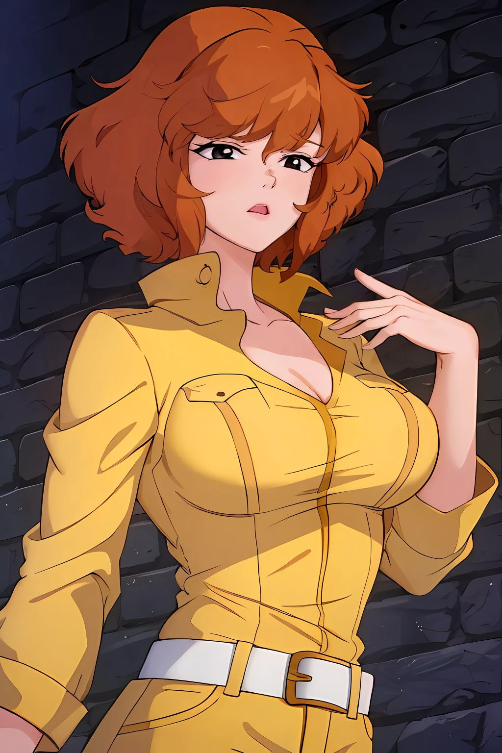 absurdres, april o'neil, 1girl, short brown hair, black eyes, upper body, yellow jumpsuit, sleeves rolled up, white belt <lora:April O'Neil_v1:1>