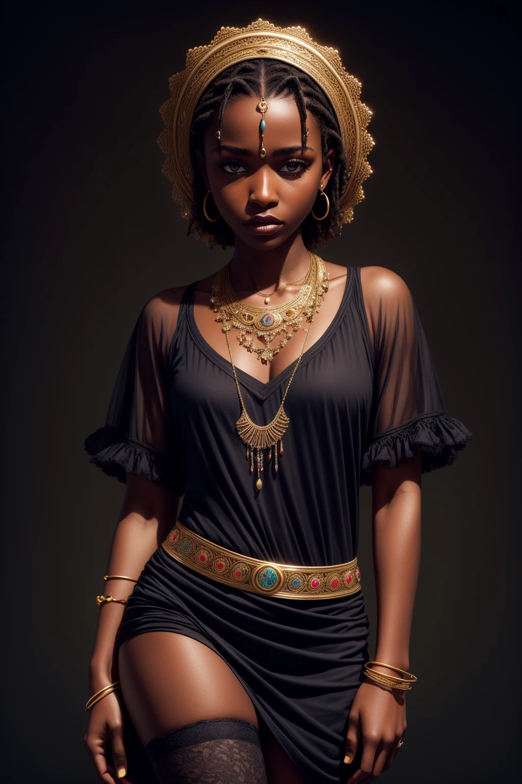 masterpiece, best quality, ultra high res, 1 dark skinned African girl, (fractal art:1.3), deep shadow, dark theme, fully clothed, necklace, forlorn, <lora:add_detail:1>