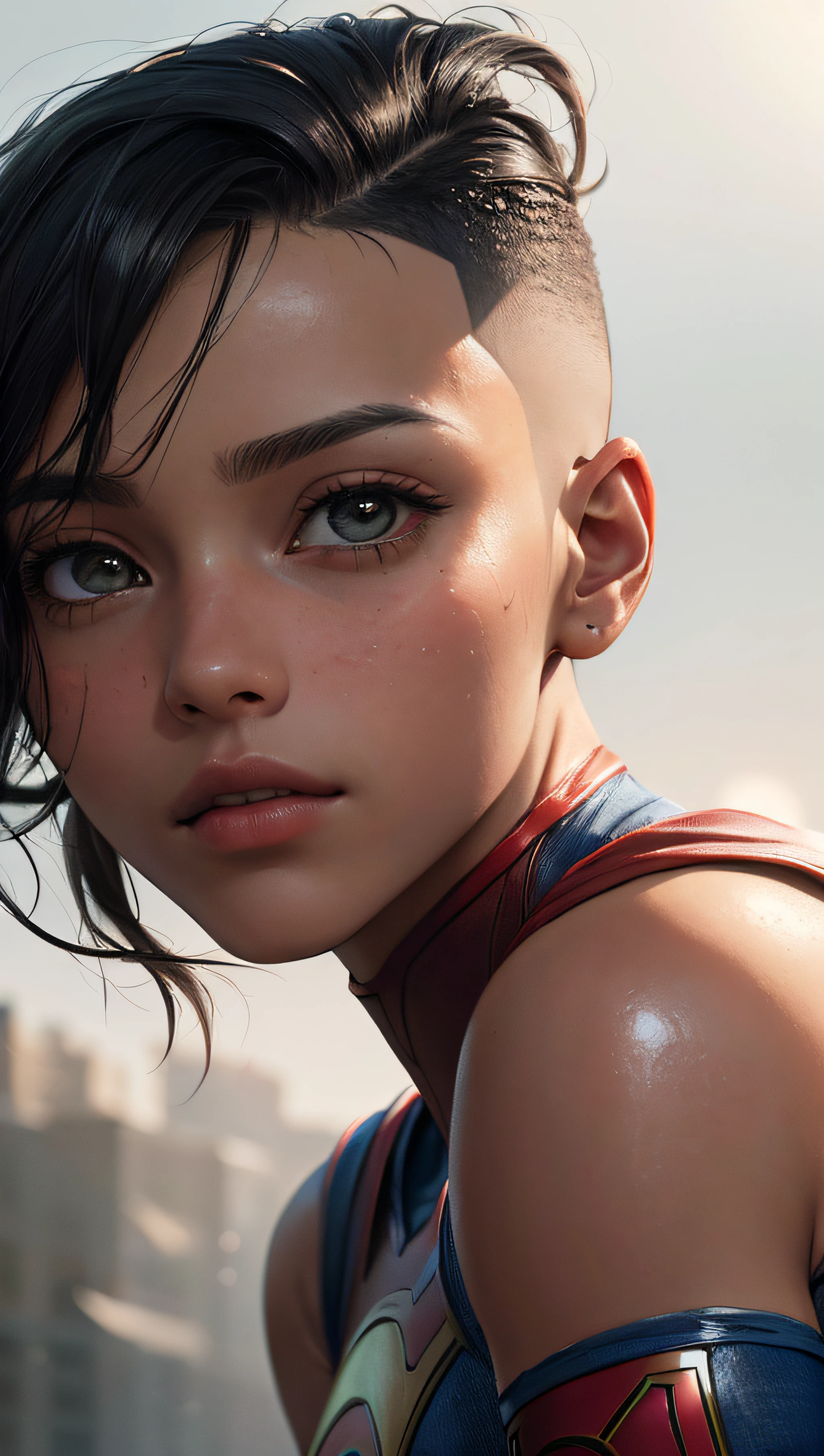 (best quality, masterpiece, perfect face), supergirl (hi-top fade:1.3), dark theme, soothing tones, muted colors, high contrast, (natural skin texture, hyperrealism, soft light, sharp), HDR, dramatic lights,
