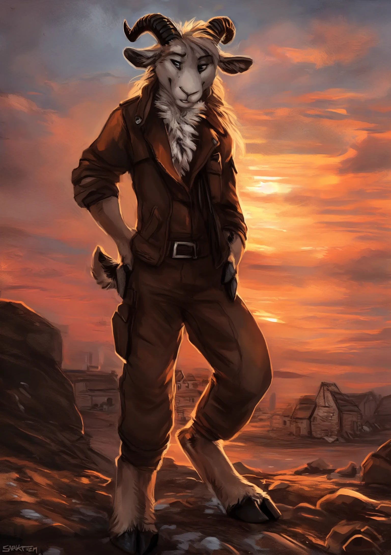 male, solo, anthro, mammal, goat, caprine, (caprine horn), horizontal pupils, cloven hooves,
fully clothed, bottomwear, topwear, pants, jacket, (adventurer), hand on hip,
fur, fluffy, tuft, chest tuft, long hair, neck tuft, inner ear fluff, digitigrade,
standing, front view, looking at viewer,
(detailed background), outside, rock, sunbeam, snowy peaks, sunrise, (village:1.3),
by kenket, by darkgem, by miosha,
fully clothed, bottomwear, topwear, pants, jacket, (adventurer), hand on hip,
fur, fluffy, tuft, chest tuft, long hair, neck tuft, inner ear fluff, digitigrade,
standing, front view, looking at viewer,
(detailed background), outside, rock, sunbeam, snowy peaks, sunrise, (village:1.3),
by kenket, by darkgem, by miosha,