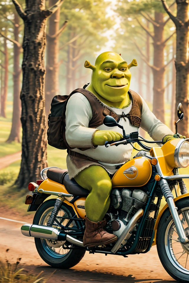 portrait picture of (shrex:1.1) <lora:ShrekDoguVersion2:0.9> (riding a motorbike:1.2), 8k uhd, dslr, high quality, film grain, Fujifilm XT3