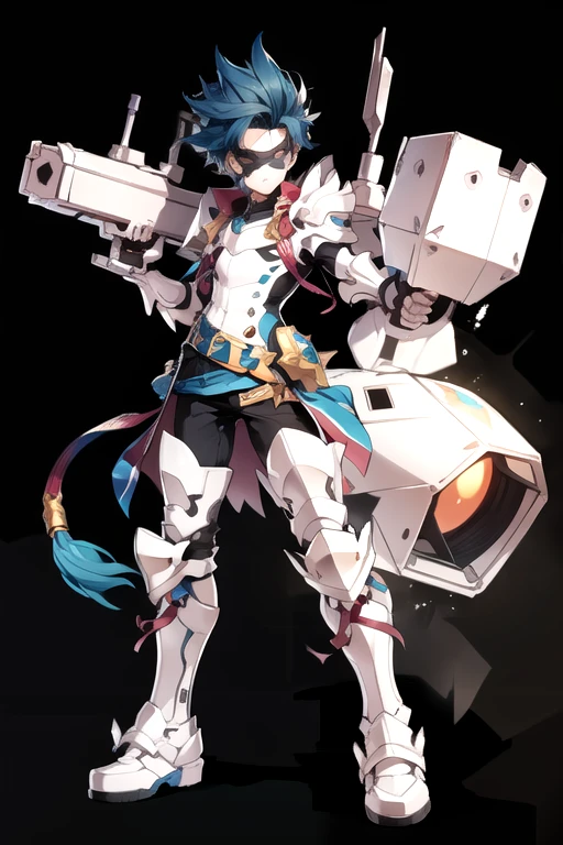 <lora:ChungSeiker-06:0.7> ,chungs, solo, long hair, looking at viewer, simple background, 1boy, blue hair, standing, full body, weapon, male focus, boots, belt, armor, robot, spiked hair, black background, clenched hand, huge weapon, mechanization, mask, full mask, sky day, city