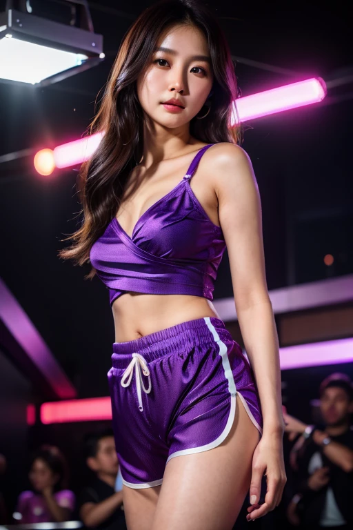 (best quality:1.4), (ultra highres:1.2), (photorealistic:1.4), (8k, RAW photo:1.2), (beautiful korean woman 25 yrs old:1.3)  BREAK (purple binding shorts:1.2), (beautiful leg:1.1), ( in night club:1.2) <lora:BindingShortsV2:0.65>