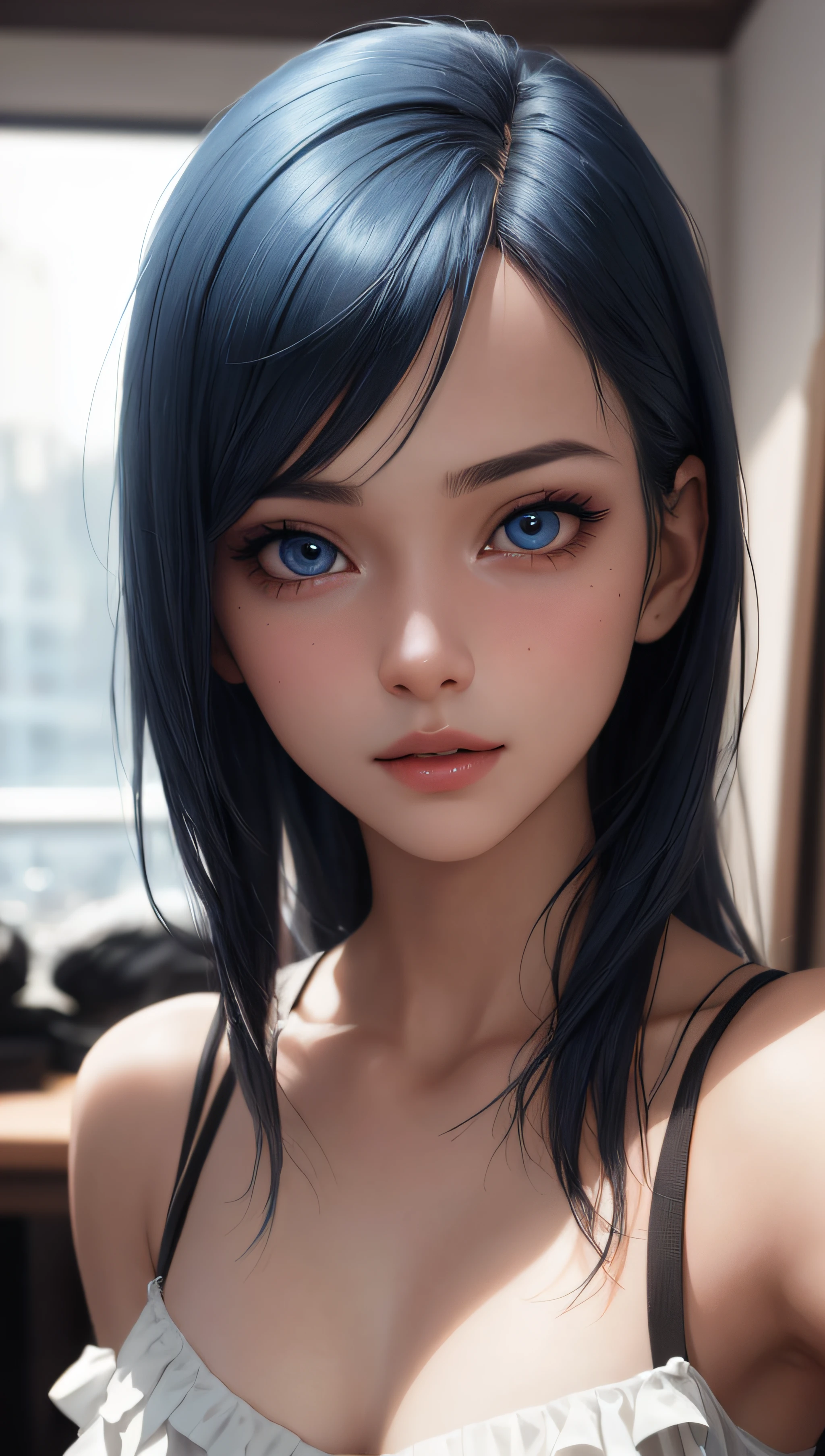 8K, Top Quality, Intricate Details, Ultra Detail, Ultra High Resolution, Masterpiece,selfie, selfie shot (selfie, selfie shot,), ((close up shot, face shot, close up shot, portrait, face shot, passport shot, very close up shot, )), (full body: 1.1), Slender, Smile, ((smirk)) , smile, smirk, (Makeup: 0.4), ((,)), (Fluffy blue Eyes: 1.21), (()), 1girl, solo, 1 girl, ((, blue hair ,bangs, blue hair, dark blue hair, blue hair, bangs, long hair, bangs, messy hair )), close up shot, , ((tall)), (((fit body))), (((slim face))), sharp face, ((, wind blow hair, wind blow hair, )) , (detailed face), sharp face, small lips, ((naked, nude, )), , ((lying down, laying down, )), detailed face, detailed breast, , ((detailed nipples)), detail ass, Narrow Waist, Skinny, tall , 175 cm tall, Muscular, Navel, Exposed Abdomen, Pointed Chest,, Beautiful girl with accentuated slender abs: 1.4, Six Pack Abs: 1.4, Bust Botox, Big, Perfect Body, detail leg, (( dark background)), black background,