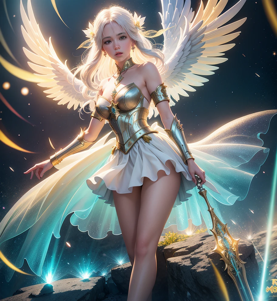 A young 15- yr old native European girl with lovely charminvg face,(pale skin texture masterpiece), (perfect full body detailed ???????), (Super accessories detailed), (meditating ), (perfect detailed glowing bright eyes),(short illuminating silver crystalized hair),(legs wide open showing pussy line) Wearing transparent costume of an angel,holding a treasure bow & arrow, (( illuminating different lights covering the sorrounding atmosphere)) Has beautiful large white wings, The character solemnly praying