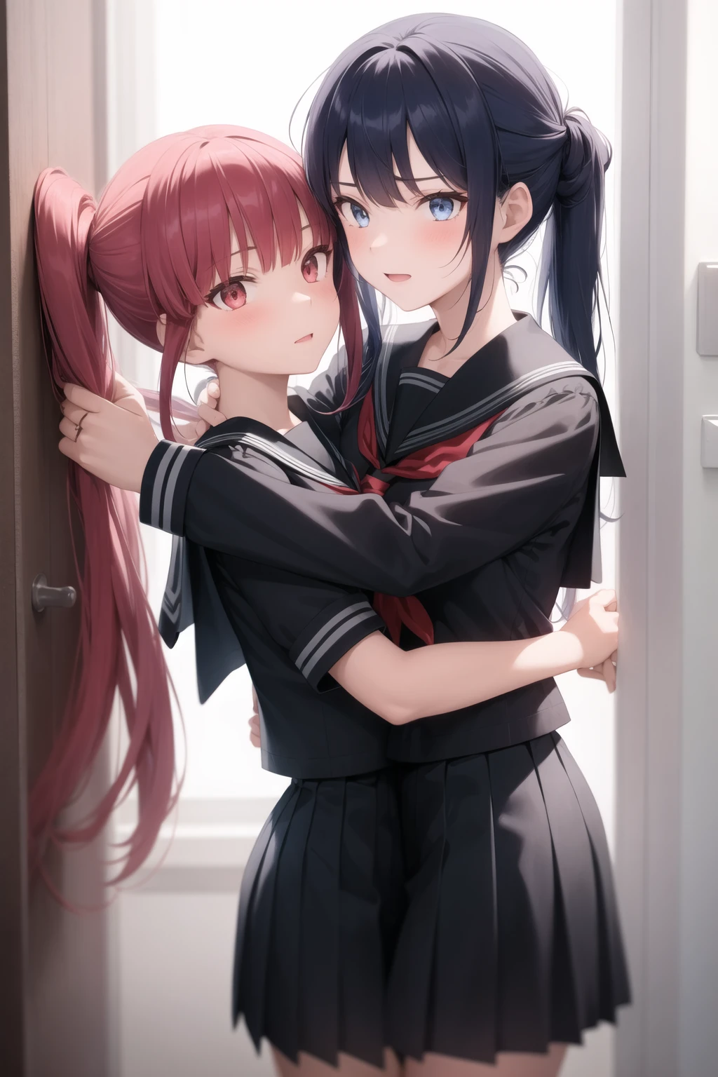 <lora:grabbing_anothers_hair_v0.1:1.0>
2girls, grabbing another's hair, school uniform, long hair, blue hair, multiple girls, serafuku, holding another's hair, hug,, masterpiece, best quality, highly detailed