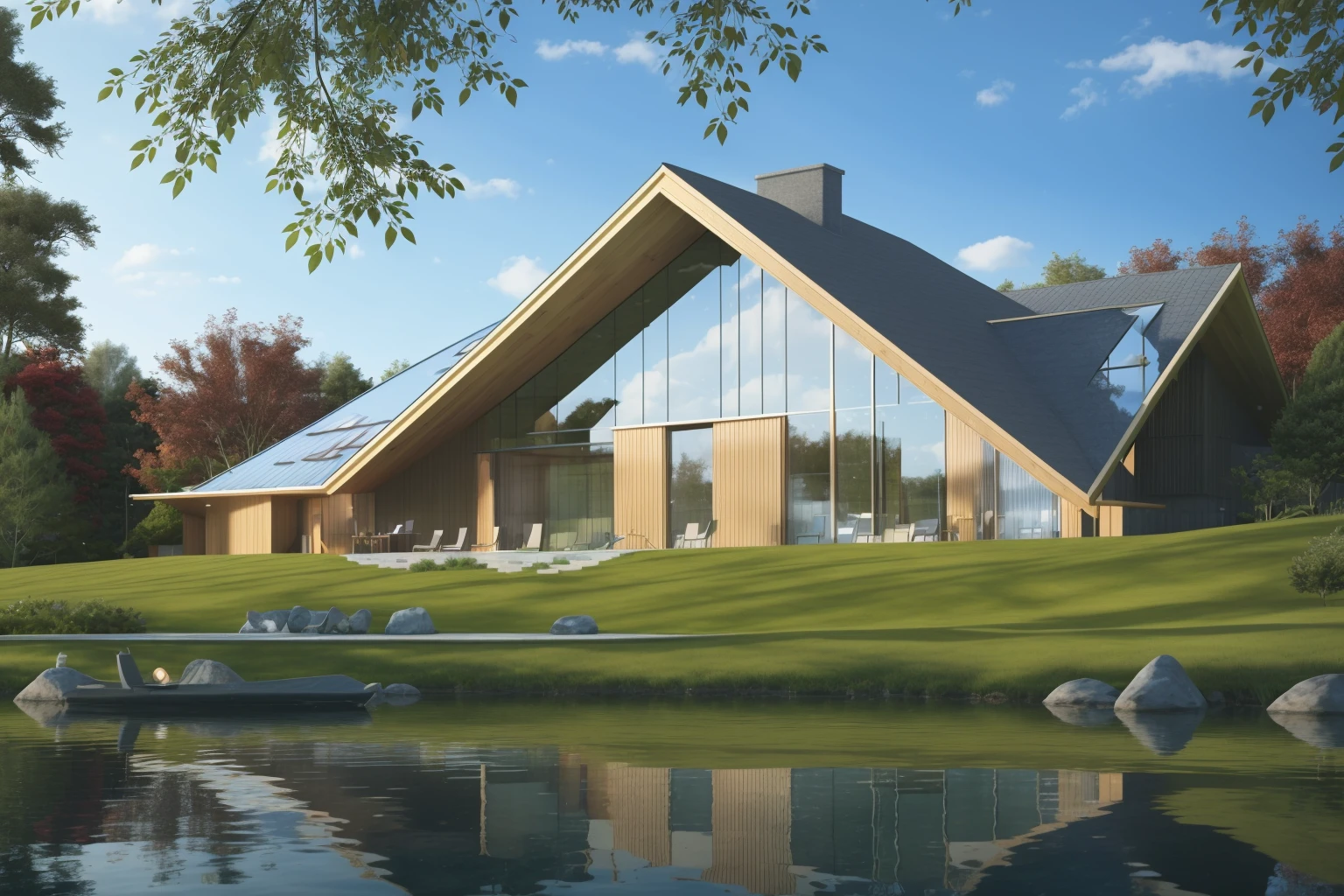 a library with a sofa and book shelves,, (masterpiece),(high quality), best quality, real,(realistic), super detailed, (full detail),(4k),8k,scenery, outdoors,day, house, tree, window, building, grass, blue sky, river, reflection, nature<lora:XSArchi_126:0.6>
