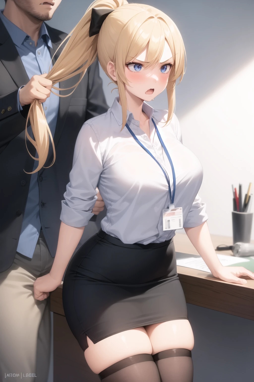 <lora:grabbing_anothers_hair_v0.1:1.0>
1girl, grabbing another's hair, office lady, white shirt, pencil skirt, lanyard, ponytail, blonde hair, multiple boys, angry, open mouth,, masterpiece, best quality, highly detailed