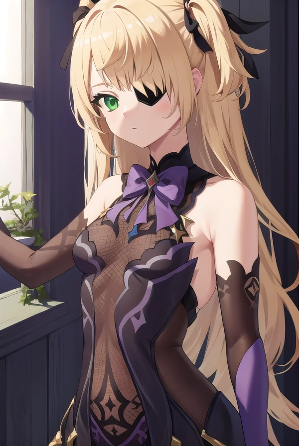 fischl, <lora:fischltest:1>,
BREAK fischl, blonde hair, (eyepatch:1.5), (green eyes:1.5), hair ribbon, long hair, one eye covered, ribbon, two side up,
BREAK asymmetrical legwear, bare shoulders, black gloves, black ribbon, bodystocking, bow, bowtie, bridal gauntlets, dress, elbow gloves, gloves, green eyes, purple bow, purple bowtie, purple dress, ribbon, single bridal gauntlet, single glove, single leg pantyhose, sleeveless, sleeveless dress, thighhighs, uneven legwear
BREAK looking at viewer,
BREAK indoors, classroom,
BREAK <lora:GoodHands-vanilla:1>, (masterpiece:1.2), best quality, high resolution, unity 8k wallpaper, (illustration:0.8), (beautiful detailed eyes:1.6), extremely detailed face, perfect lighting, extremely detailed CG, (perfect hands, perfect anatomy),