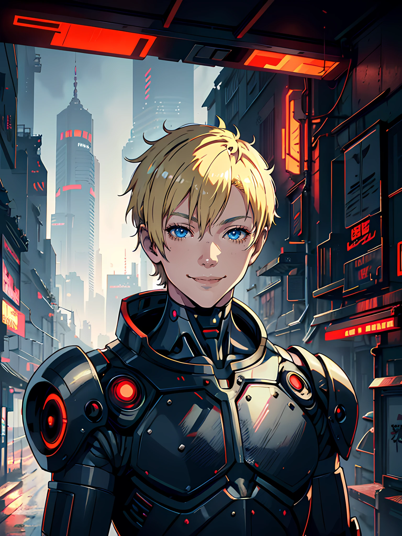 portrait of anime cyborg man with short blonde hair, smiling, wearing medieval armor, standing in front of cyberpunk castle, high resolution, illustration