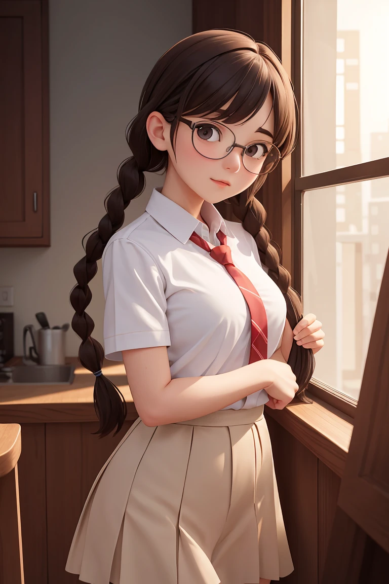 (masterpiece), best quality, high resolution, highly detailed, detailed background, perfect lighting, The student council girl with twin braids and glasses whom you don't know that she's a pervert until looking prompts