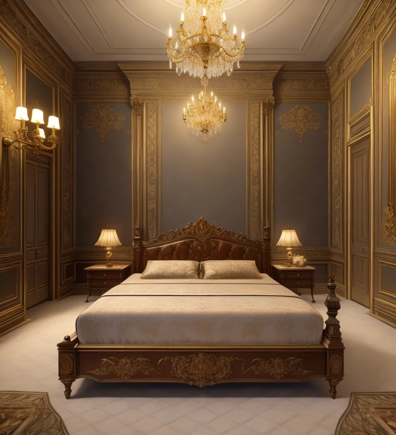 Masterpiece, 4K, beautiful design, absurdres, ,lh_room, a bedroom with a bed and a chandelier, (masterpiece:1.5) (painting:1.1) (best quality) (detailed) (intricate) (8k) (HDR) (wallpaper) (cinematic lighting) (sharp focus)