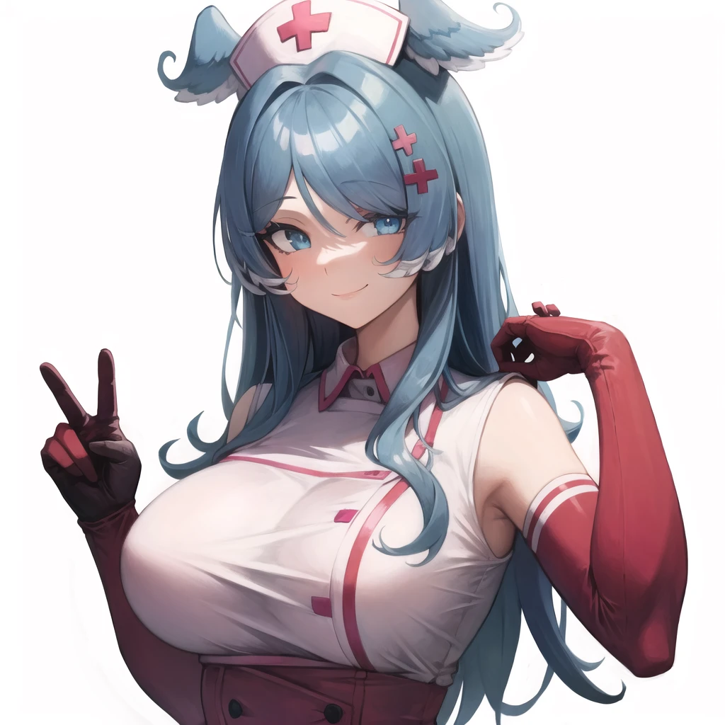 masterpiece, absurdres, best quality, illustration, extremely delicate and beautiful, <lora:Elira Pendora:1> ,elira, 1girl, big breasts, nurse, red clothes, tight clothes, adjusting gloves, (smile:1.1), wide hips, pose, elbow gloves, black gloves, upper body,