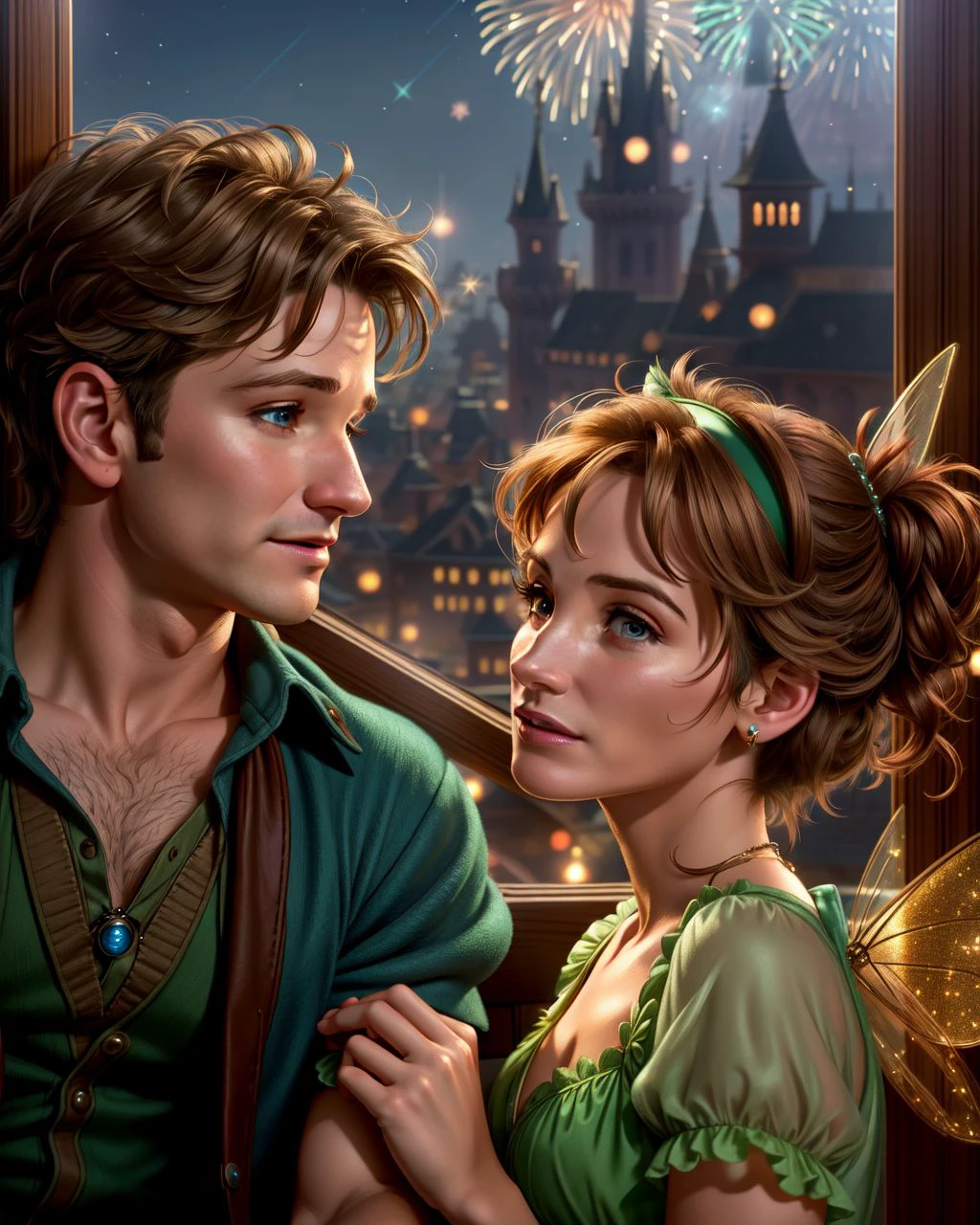 1boy, 1girl, photo RAW, couples portrait, Young Robin Williams as Peter Pan and (Julia Roberts is Tinkerbell) looking over the city from a window, disney style, whimsical lighting, sharp focus, nighttime, fireworks in the sky, absurdres, <lora:XenoDetailer:0.25>, fairy, fairy wings, magic wand, detailed face, masterpiece, award winning photography, lighting, perfect composition, high detail, hyper realistic,dramatic lighting, epic, detailed eyes, perfect face, fairy dust and sparkles in the air, scene from Peter Pan Movie