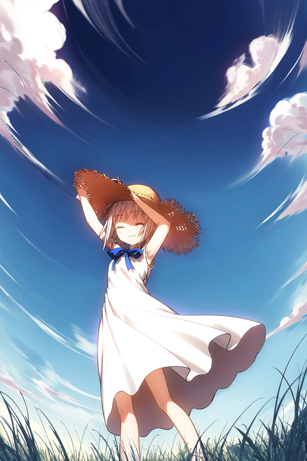 ((masterpiece, high quality, best quality)),
1girl, straw hat, day, sky, cloud, closed eyes, sundress, grass, wind, outdoors, short hair, white hair, white dress, see-through silhouette, hat removed, headwear removed, smile, blue sky, spread arms, from below,
<lora:yuuki-style_v1.0:1.0>