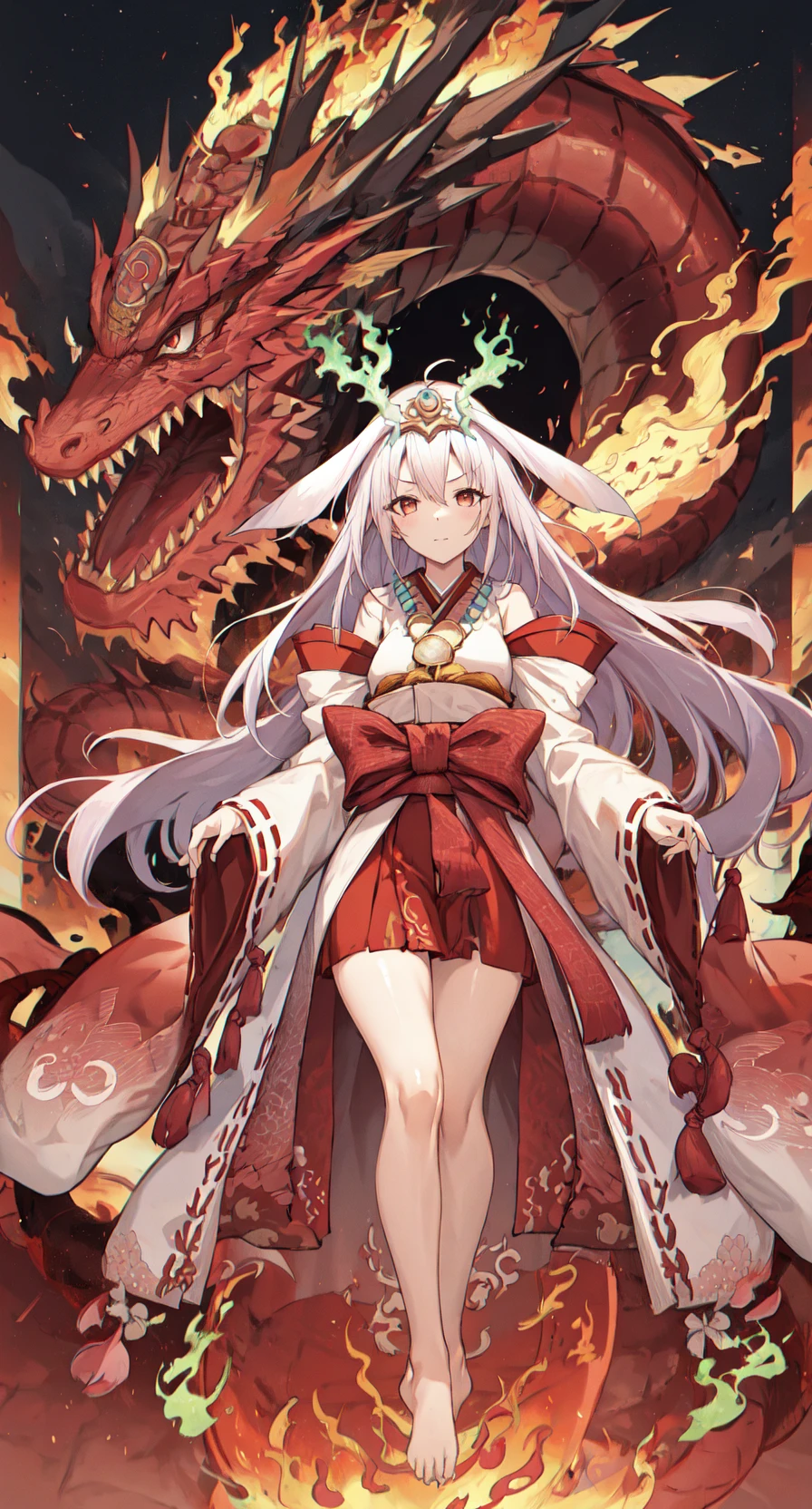 1girl ,Kurikara-Tendou,japanese clothes,barefoot,looking at viewer, floating, dragon, eastern dragon, fire, sky, cowboy shot, <lora:Kurikara-Tendou:1>