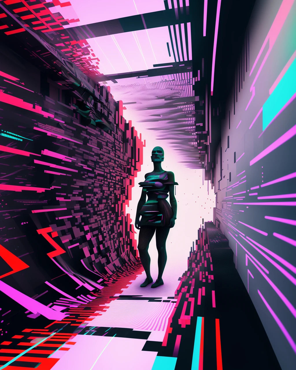 a man standing in a tunnel with a red light coming through it and a red and blue background , glitch art, with a multicolored background and a pattern of lines and dots, Beeple, vaporwave colors, cyberpunk art, synchromism