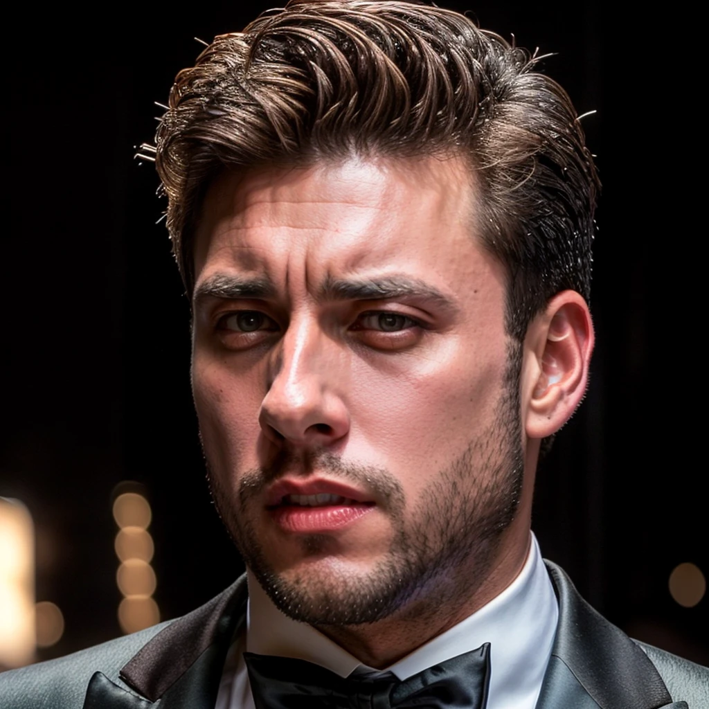 face portrait of ramirolozano person using a tuxedo, in blade runner, professional photography, high resolution, 4k, detailed photo, <lora:ramirolozano_12210:1>